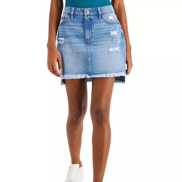 CELEBRITY PINK Juniors' Cotton Ripped Denim Skirt In Angel Face - Picture 1 of 3